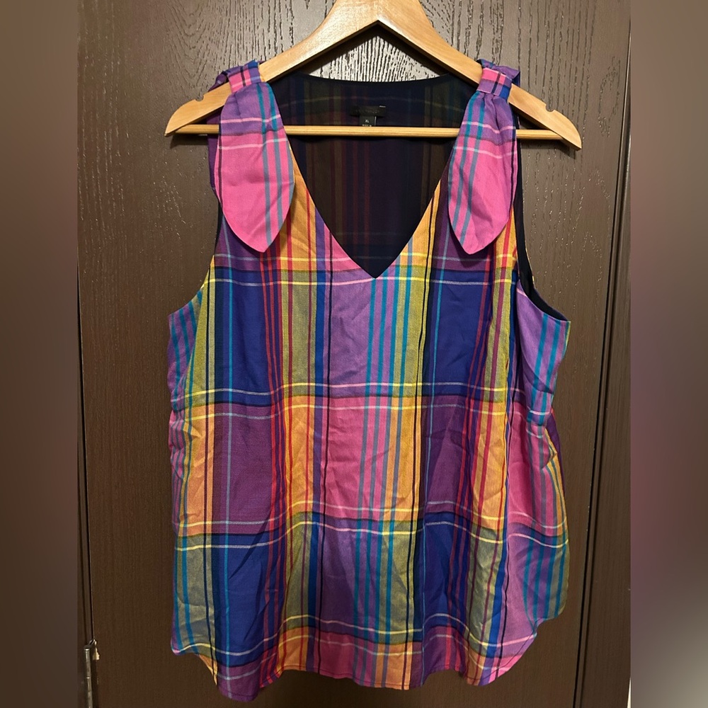 Ann Taylor Colorful Sleeveless V-Neck Plaid Tie-Shoulder Top XL